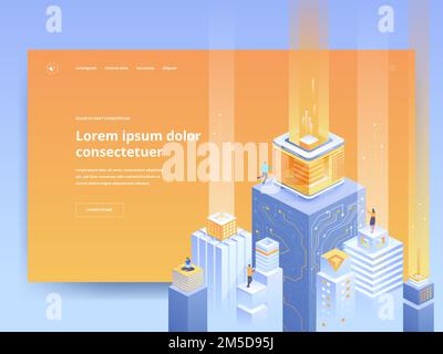 Smart architecture orange landing page template. Digital city website homepage UI idea with isometric vector illustration. Futuristic technology, virt Stock Vector