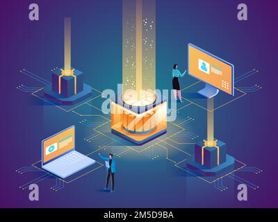 Website hosting isometric vector illustration. Data center engineers, system administrators cartoon characters. Internet sites development, maintenanc Stock Vector