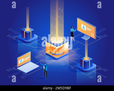 Website hosting abstract isometric illustration. System administrators, data center engineers 3D cartoon characters. Internet sites development, maint Stock Vector