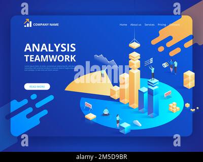Isometric business analysis planning. Project management and financial report strategy. Consulting team. Collaboration concept with collaborative peop Stock Vector