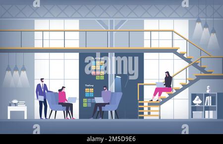 Creative Office Co-working Center. Shared working environment. University Campus. People talking and working at the computers in the open space office Stock Vector