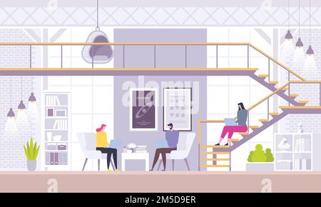 Coworking Office Interior With Casual People Working, Casual Businesspeople Group In Coworkers Center Flat Vector Illustration Stock Vector