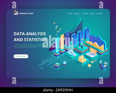 Data Analysis and Statistics concept. Vector  isometric illustration business analytics, Data visualization. Technology, Internet and network concept. Stock Vector