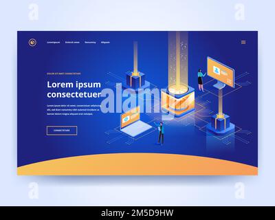 Hosting service blue landing page template. Computer technology website homepage UI idea with isometric vector illustrations. Technical support, data Stock Vector