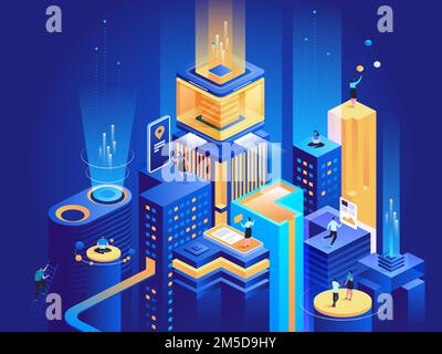 Smart business platform isometric illustration. Businessmen and businesswomen working with laptops, analyzing charts 3D cartoon characters. Virtual ci Stock Vector