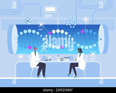 DNA helix study, research flat vector illustration. Doctors, scientists working with laptops cartoon characters. Futuristic medical technology, geneti Stock Vector