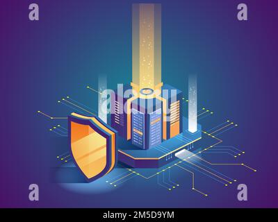 Isometric vector illustration of digital protection mechanism, system privacy. Data secure. Web crime or virus attack. Symbol of protection. Hacking c Stock Vector