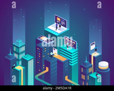 Virtual Reality concept. Social city of the future. Screen, interactive future phone innovation. Experience of work, learning or entertaining on augme Stock Vector