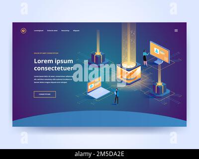 Internet hosting service landing page template. Computer technology website homepage interface idea with isometric vector illustrations. Technical sup Stock Vector