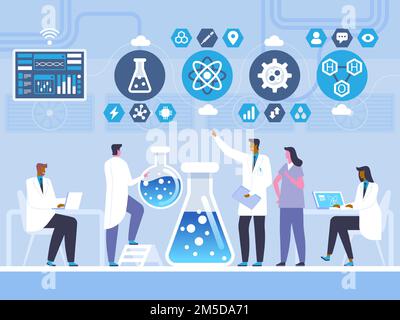 Chemistry laboratory test flat vector illustration. Doctors and assistant cartoon characters. Chemist, scientist profession. Chemical experiment, reac Stock Vector