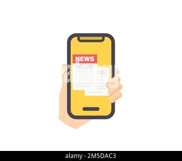 Human hand holding bezel-less smartphone, mobile news application in smartphone logo design. Browsing latest articles. Stock Vector