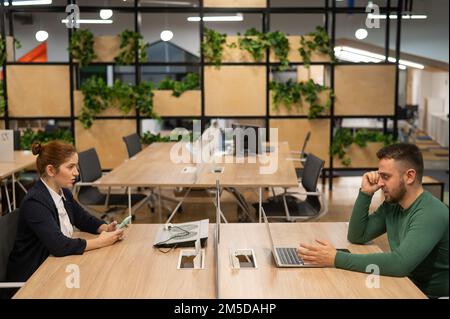Red-haired caucasian woman uses a smartphone and a bearded man works behind a laptop in an open space office.  Stock Photo