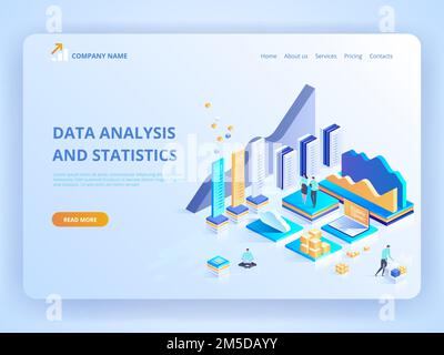 Data Analysis and Statistics concept. Vector  isometric illustration business analytics, Data visualization. Technology, Internet and network concept. Stock Vector