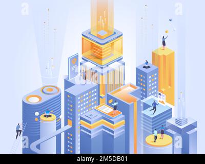 Business platform abstract isometric illustration. Businessmen and businesswomen analyzing charts, working with laptops 3D cartoon characters. Virtual Stock Vector