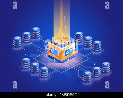Computer hardware abstract isometric illustration. Microprocessor architecture, central processing unit. Microchip with air cooler and capacitors. PC Stock Vector