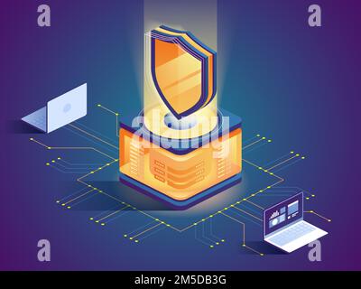 Antivirus software flat isometric illustration. Cybersecurity, malware security program 3D concept. Hacker attack, safety protection, unauthorized acc Stock Vector