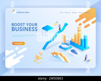 Landing page template of Boost your business. Modern isometric design concept of web page design for website and mobile website. Easy to edit and cust Stock Vector