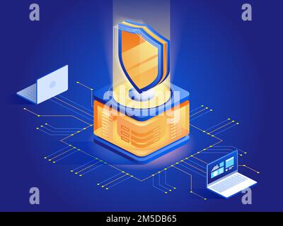 Antivirus software abstract isometric illustration. Cybersecurity, data encryption technology dark blue 3D concept. Malware security program. Hacker a Stock Vector