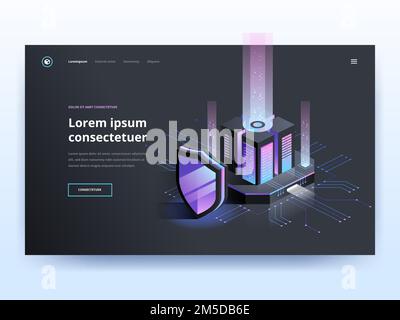Isometric vector illustration of digital protection mechanism, system privacy. Data secure. Web crime or virus attack. Symbol of protection. Hacking c Stock Vector