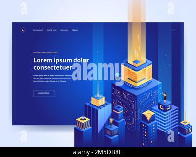 Smart architecture blue landing page template. Futuristic city website homepage UI idea with isometric vector illustrations. Digital technology, virtu Stock Vector