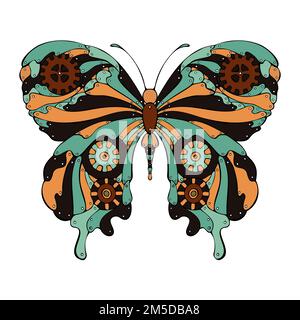Steampunk butterfly color drawing handmade in doodle style. Vector illustration Stock Vector