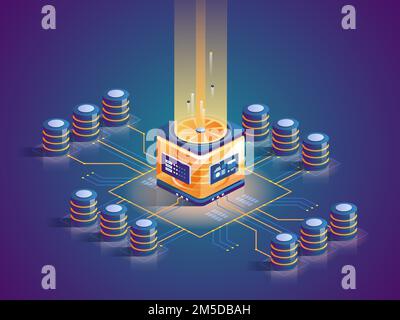 Computer hardware flat isometric illustration. Electrical circuit, motherboard, microchip with air cooler and capacitors. PC processor, technical equi Stock Vector