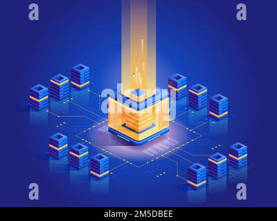 Cryptocurrency mining farm isometric illustration. Computer equipment, server architecture, e business. Blockchain technology, modern business. Virtua Stock Vector
