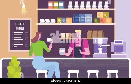 Modern workplace interior. Cafe in loft style. People in creative office co-working center. University campus. Restaurant flat vector illustration. Stock Vector