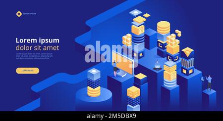 Blockchain concept banner. Isometric digital blocks connection with each other and shapes crypto chain. Blocks or cubes, connection consists digits. A Stock Vector