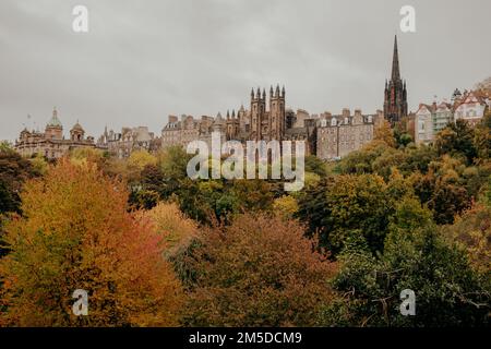 Edinburgh Scotland: 19th Oct 2022: Edinburgh City skyline in Autumn view from  Princes Street gardens Stock Photo