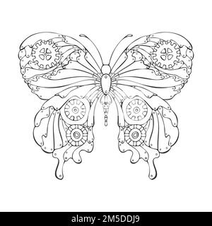 Steampunk butterfly outline linear drawing handmade in doodle style. Vector illustration Stock Vector