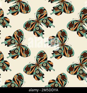 Pattern steampunk butterfly color drawing handmade in doodle style. Vector illustration Stock Vector