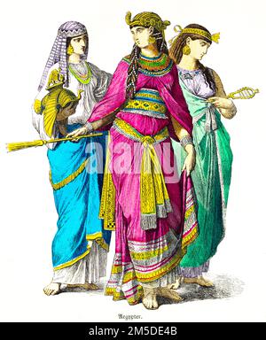 Historical costumes of the Egyptians, colored  historical illustration, Münchener Bilderbogen, München 1890 Stock Photo