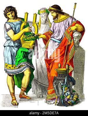 Historical costumes of the Greek of ancient times, colored  historical illustration, Münchener Bilderbogen, München 1890 Stock Photo