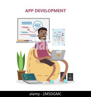 Male app developer. Smiling african man wiith laptop developing applications. Stock Vector