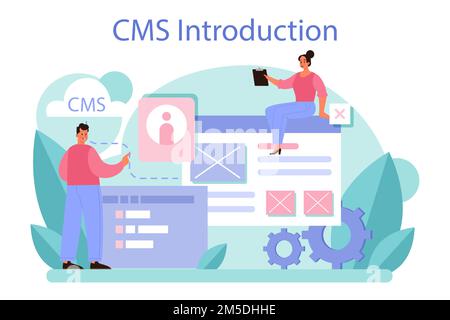 CMS introduction. Content management system. Creation and modification of digital content. Idea of digital strategy and content for social network mak Stock Vector