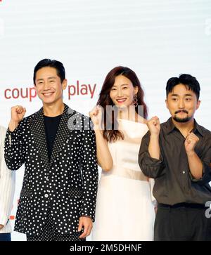 Shin Ha-Kyun, Kim Young-Ah and Yoo Byung-Jae, Aug 22, 2022 : Cast members Shin Ha-Kyun (L) and Kim Young-Ah (2nd L) pose with screenwriter Yoo Byung-Jae at a production press conference for Coupang Play web drama 'Unicorn' in Seoul, South Korea. Credit: Lee Jae-Won/AFLO/Alamy Live News Stock Photo