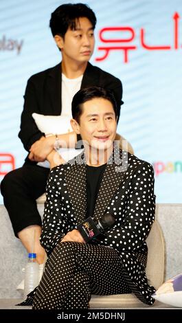 Shin Ha-Kyun and Bae Yu-Ram, Aug 22, 2022 : Cast members Shin Ha-Kyun (front) and Bae Yu-Ram attend a production press conference for Coupang Play web drama 'Unicorn' in Seoul, South Korea. Credit: Lee Jae-Won/AFLO/Alamy Live News Stock Photo