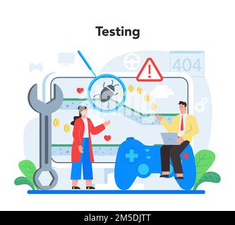 Game development concept. Creative process of a computer video game design. Digital technology, programming, codding and testing. Isolated flat vector Stock Vector