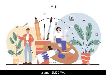 Artist concept. Professional illustrator in front of big easel or screen, holding a brush and paints. Idea of creative people and profession. Art gall Stock Vector