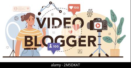 Video blogger typographic header. Sharing media content in the internet. Idea of social media and network. Online communication, giveaway advert. Isol Stock Vector