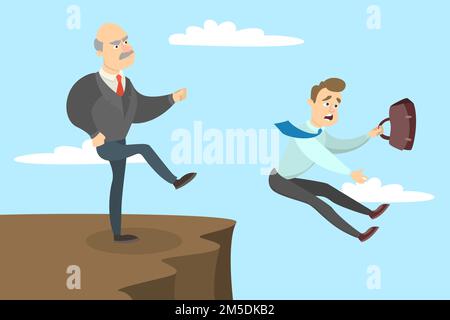 Boss kicks out the employee from the cliff. Stock Vector