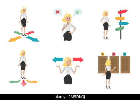 Choosing directions set. Woman trying to guess what strategy to pick. Stock Vector
