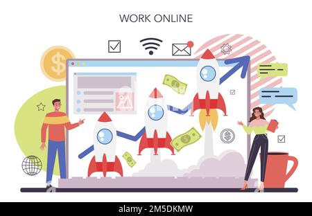 Crowdfunding online service or platform. Financial support of new business project. Investment into innovative start up. Online work. Flat vector illu Stock Vector
