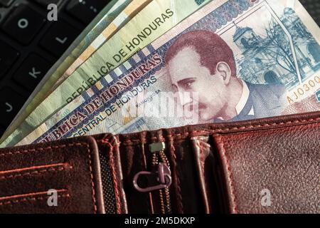 Honduras money, wallet full of lempira banknotes Stock Photo