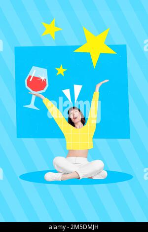 Photo artwork minimal collage picture of funky funny lady enjoying alcohol beverage isolated drawing background Stock Photo