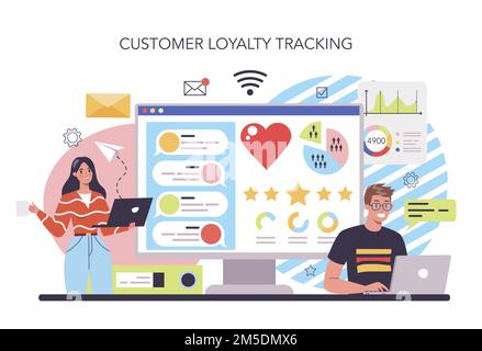 Customer loyalty online service or platform. Marketing program development for client retention. Customer loyalty tracking. Flat vector illustration Stock Vector