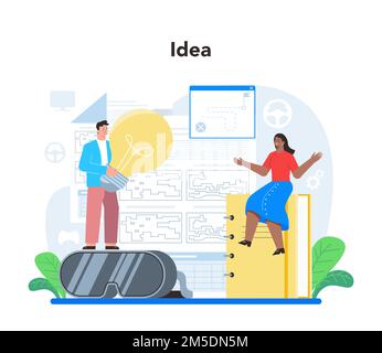 Game development concept. Creative process of a computer video game design. Digital technology, programming, codding and testing. Isolated flat vector Stock Vector
