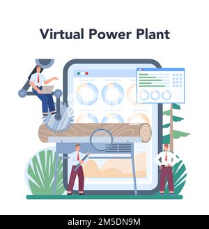 Wood industry online service or platform. Woodworking line operator as a forestry production line. Sawing process control. VPP. Flat vector illustrati Stock Vector