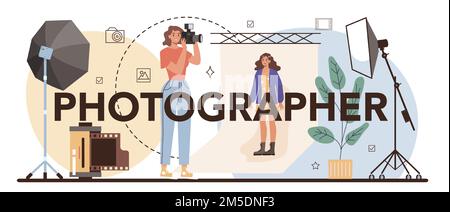 Photographer typographic header. Professional photographer with camera taking pictures in a studio. Artistic occupation and photography journalism. Is Stock Vector